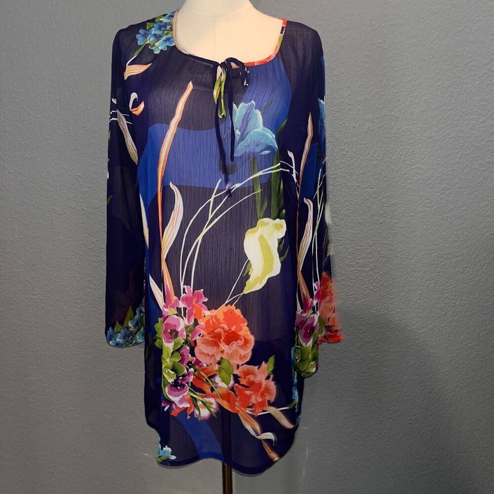 SOFT SURROUNDING FLORAL TROPICAL SHEER TUNIC / SWIM BEACH COVER-UP - EUC - M